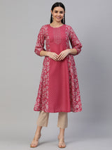 VAMA - A line silk blend kurta with embroidery on neck.