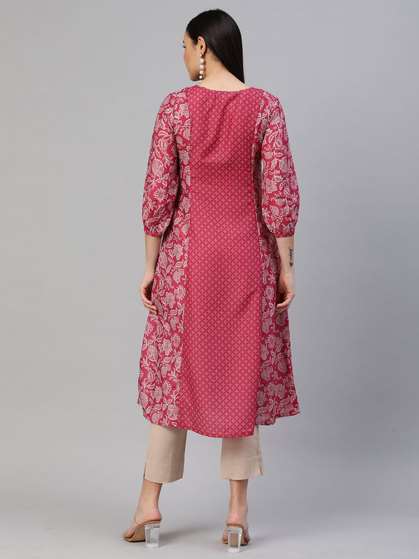 VAMA - A line silk blend kurta with embroidery on neck.