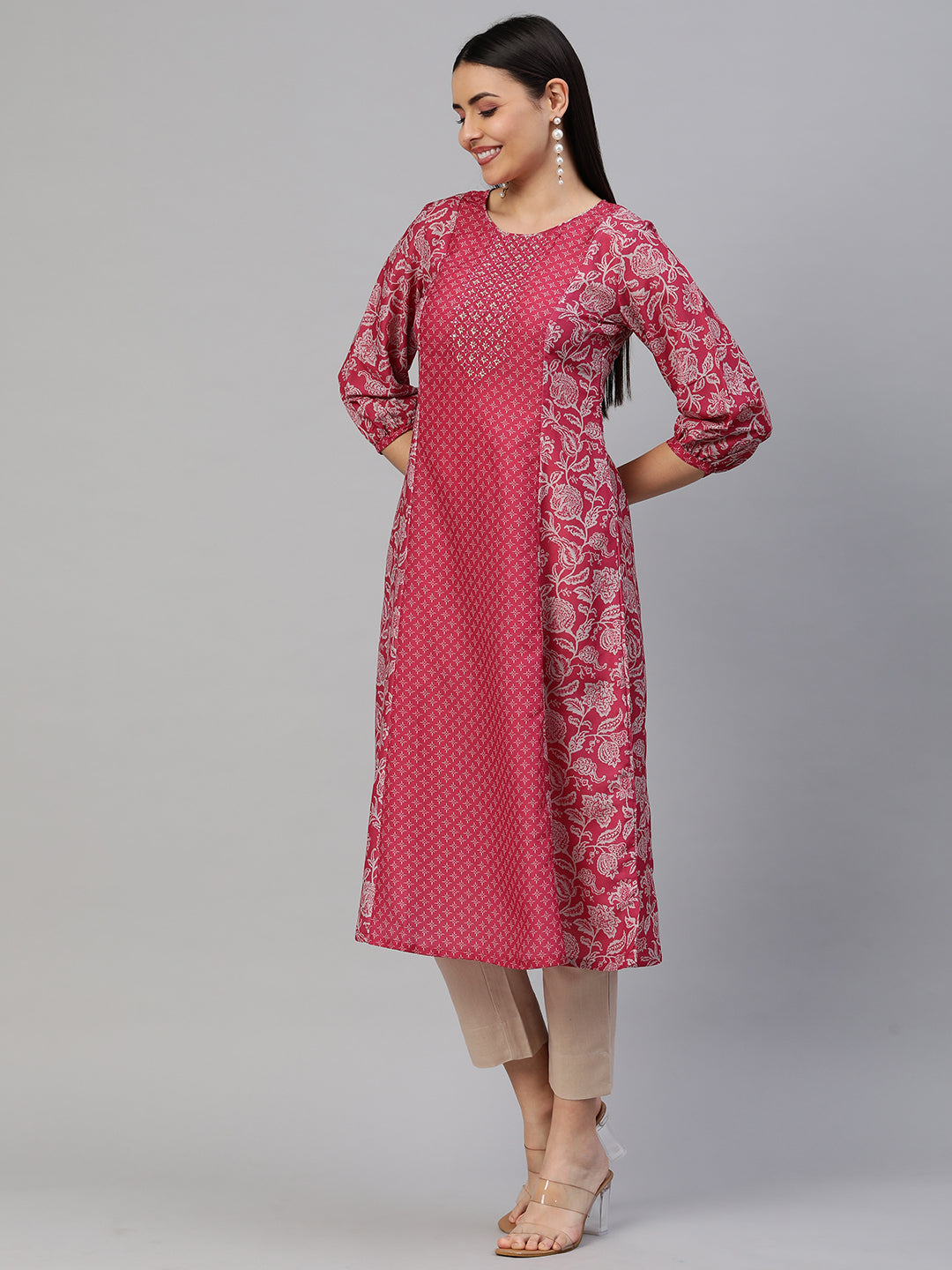 Party Edit- A line silk blend kurta with embroidery on neck