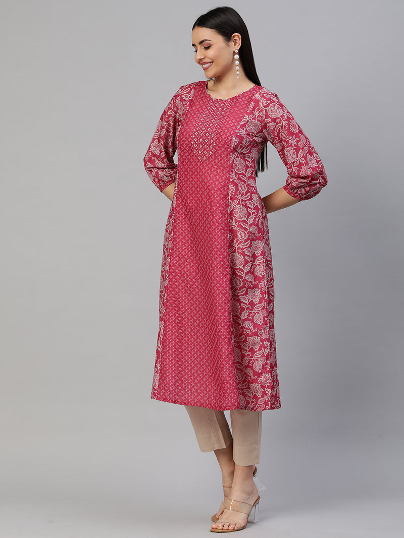 VAMA - A line silk blend kurta with embroidery on neck.