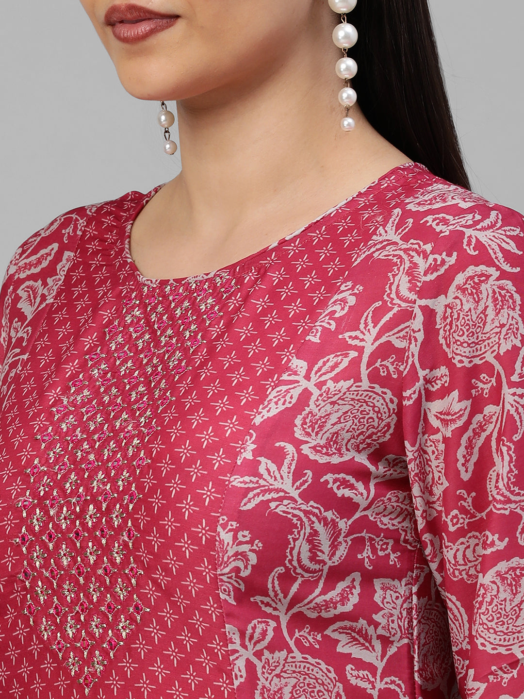 Party Edit- A line silk blend kurta with embroidery on neck
