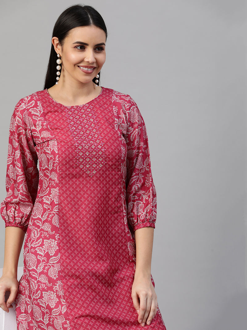 VAMA - A line silk blend kurta with embroidery on neck.