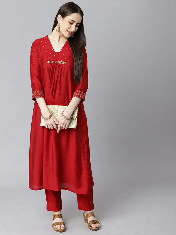 TASYA - A-line v neck kurta with embroidery details at neck and gathers at center