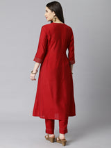 TASYA - A-line v neck kurta with embroidery details at neck and gathers at center