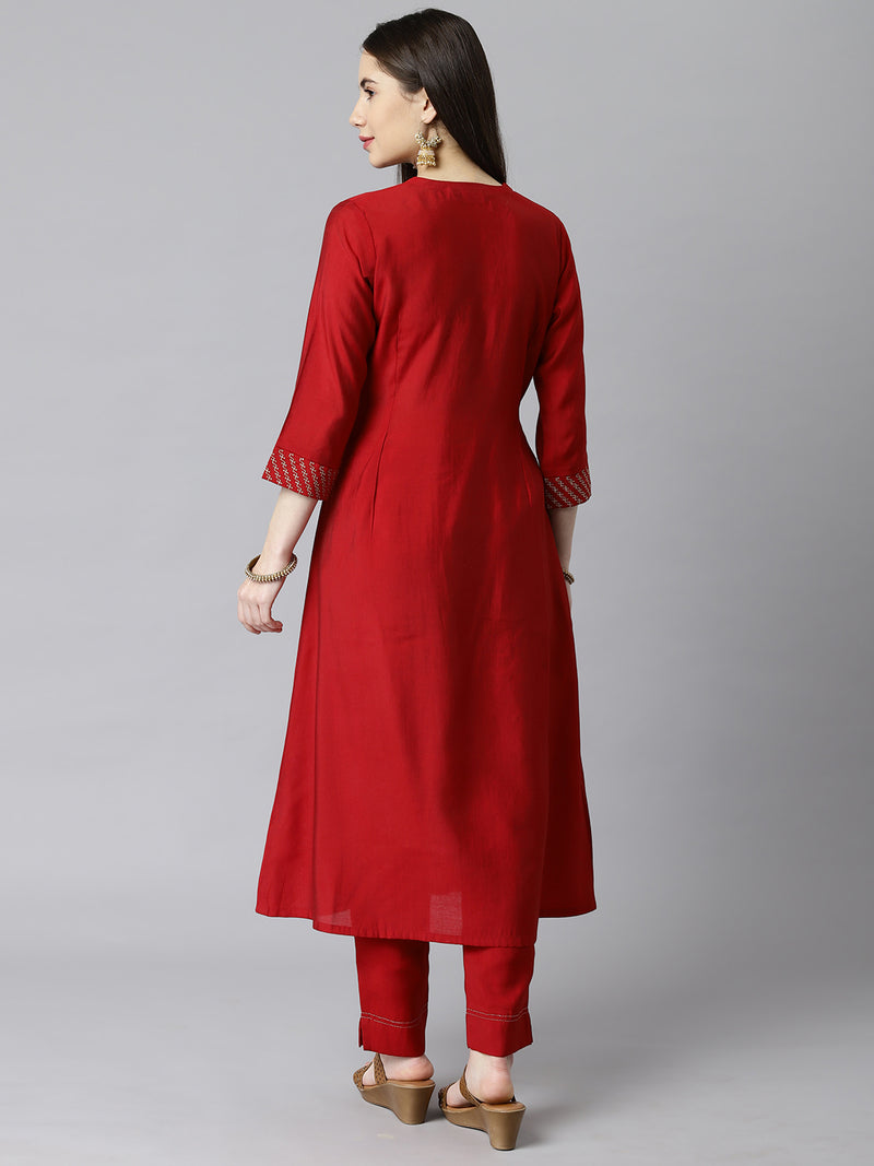 TASYA - A-line v neck kurta with embroidery details at neck and gathers at center