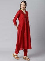 TASYA - A-line v neck kurta with embroidery details at neck and gathers at center