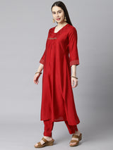 TASYA - A-line v neck kurta with embroidery details at neck and gathers at center