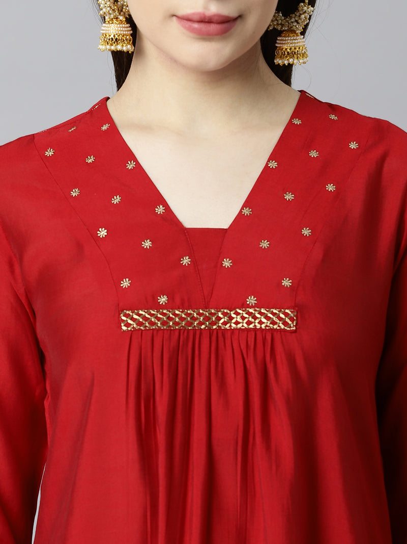 TASYA - A-line v neck kurta with embroidery details at neck and gathers at center