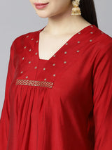 TASYA - A-line v neck kurta with embroidery details at neck and gathers at center