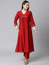 TASYA - A-line v neck kurta with embroidery details at neck and gathers at center