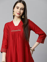 TASYA - A-line v neck kurta with embroidery details at neck and gathers at center