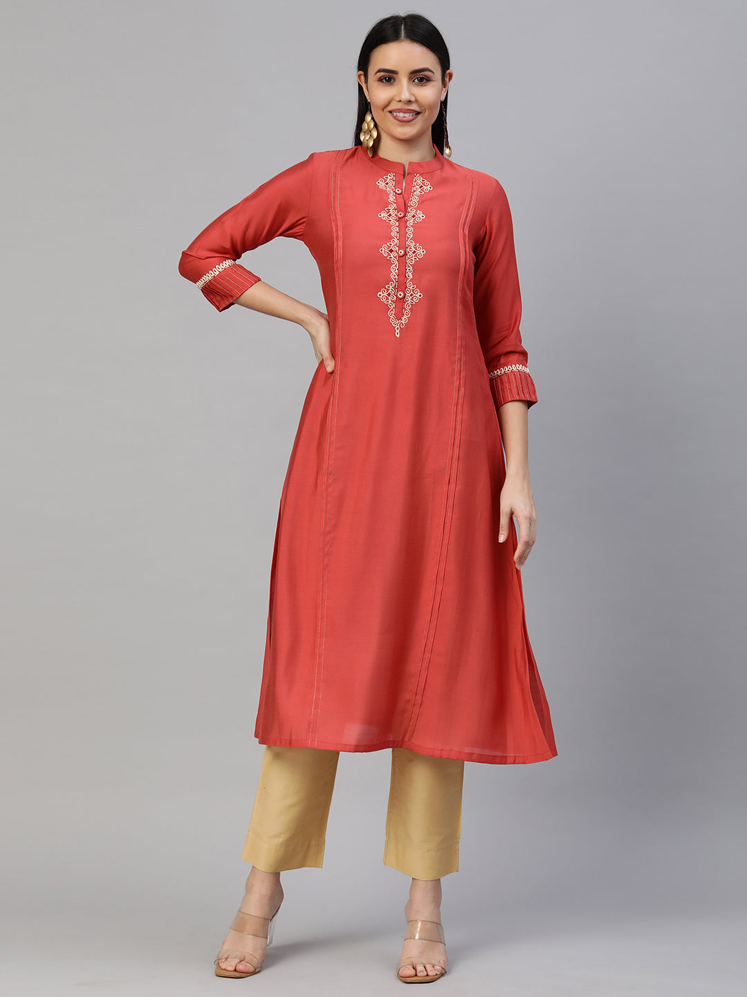 Party Edit- Elegant Silk Blend A-Line Kurta with Stand Collar and Dori Work Neck Detail