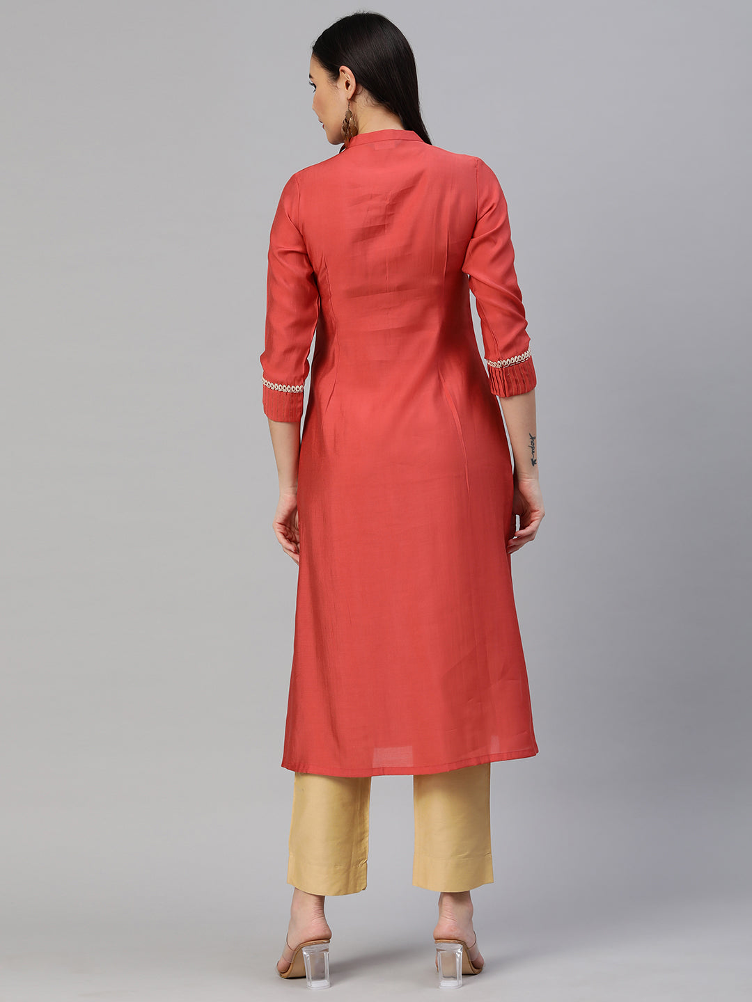 Party Edit- Elegant Silk Blend A-Line Kurta with Stand Collar and Dori Work Neck Detail
