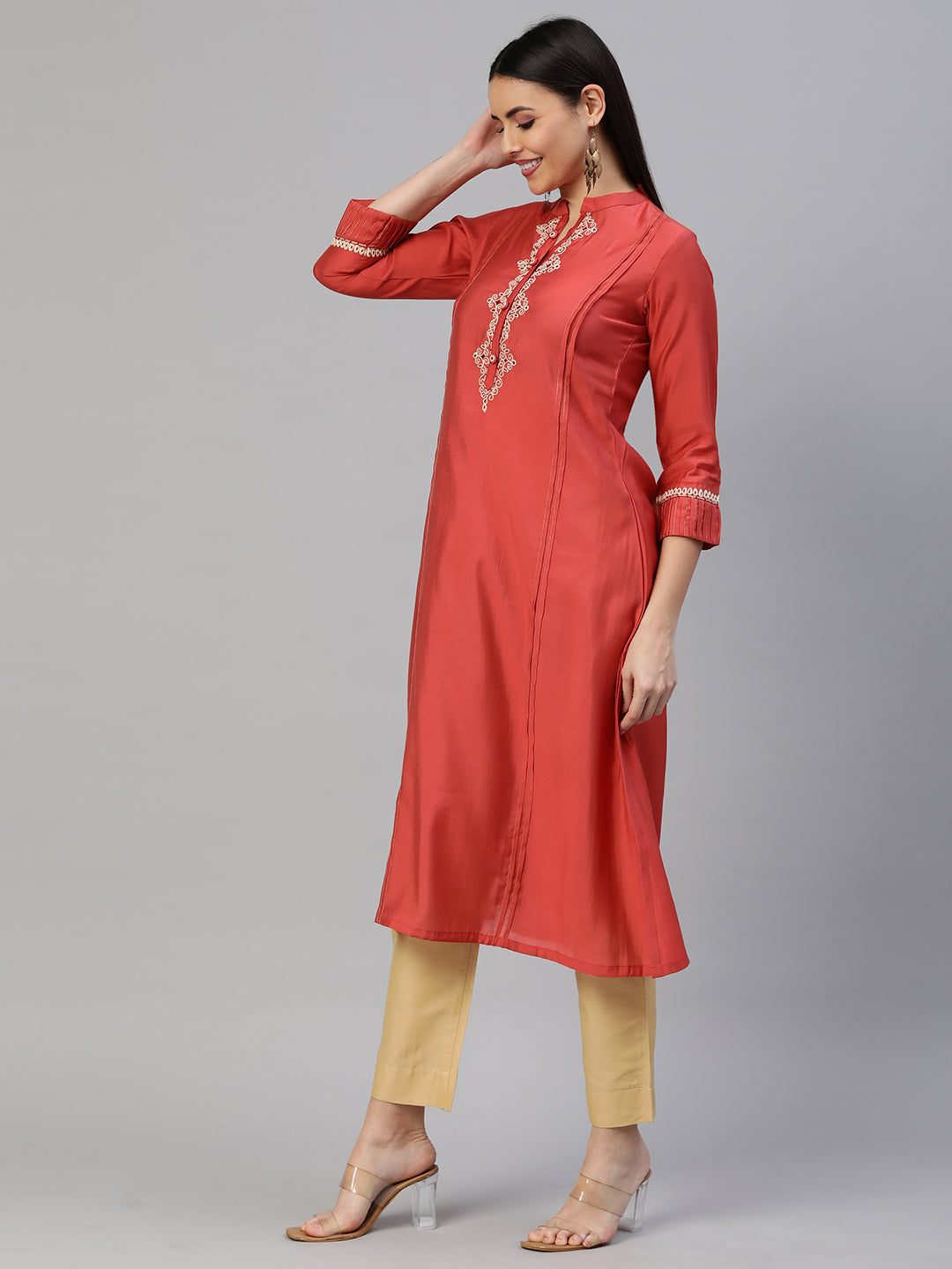 Party Edit- Elegant Silk Blend A-Line Kurta with Stand Collar and Dori Work Neck Detail