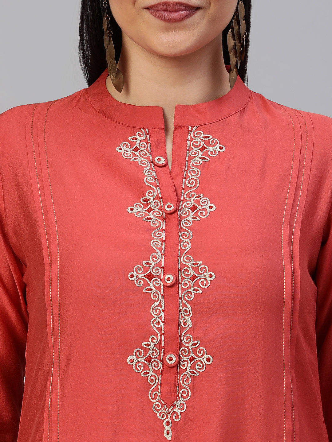 Party Edit- Elegant Silk Blend A-Line Kurta with Stand Collar and Dori Work Neck Detail