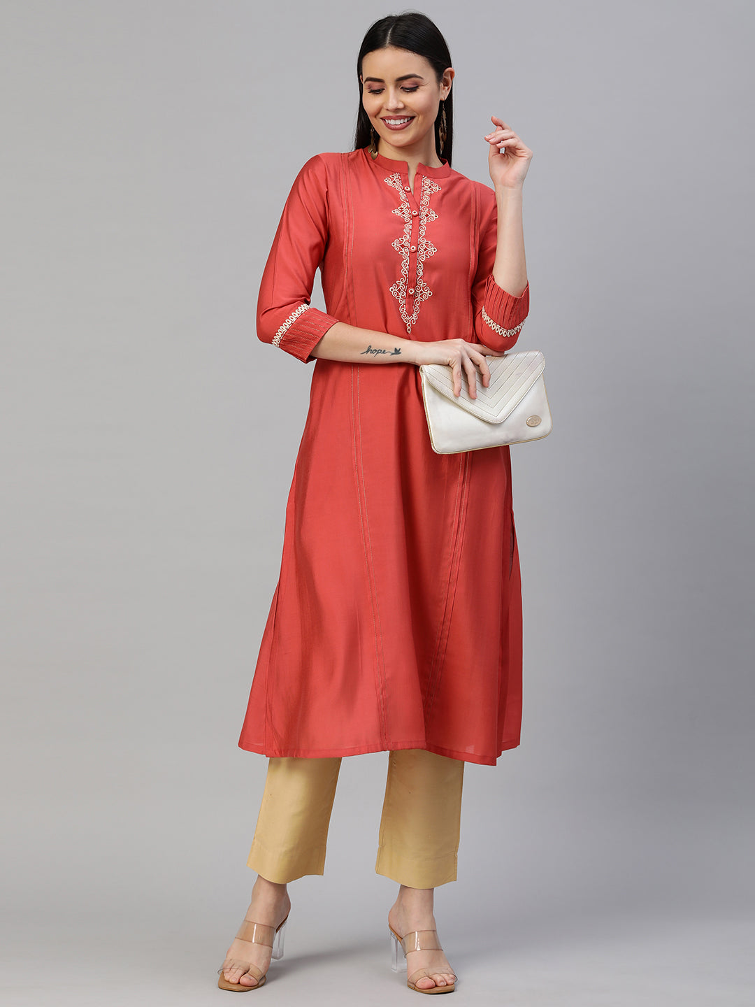 Party Edit- Elegant Silk Blend A-Line Kurta with Stand Collar and Dori Work Neck Detail