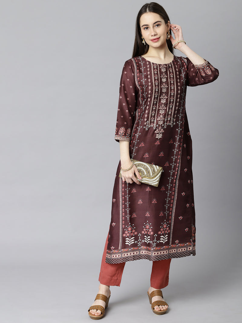 VAMA - Straight fit printed kurta with embroidered neck.