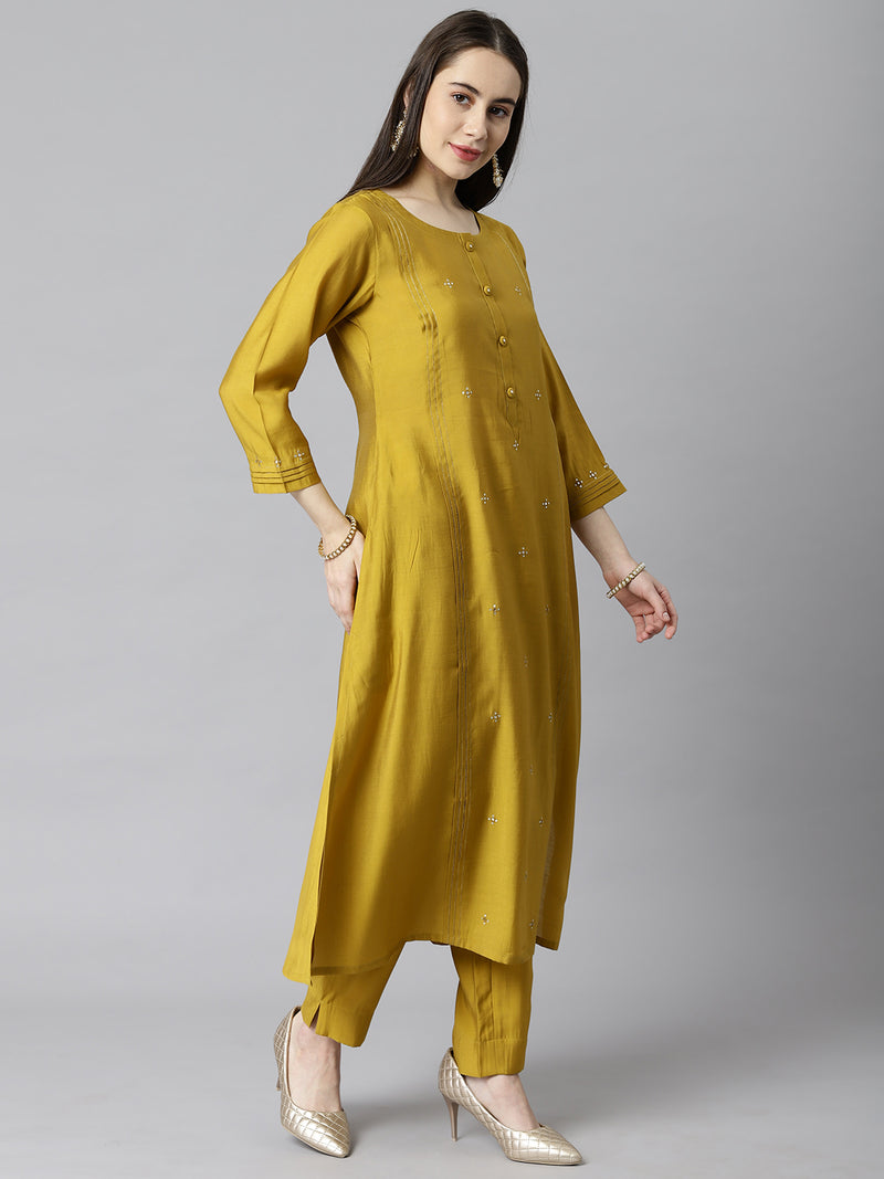 VAMA - A line silk blend kurta with stitch line detailing on princess seam and sleeves