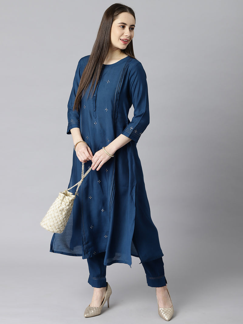 VAMA - A line silk blend kurta with stitch line detailing on princess seam and sleeves