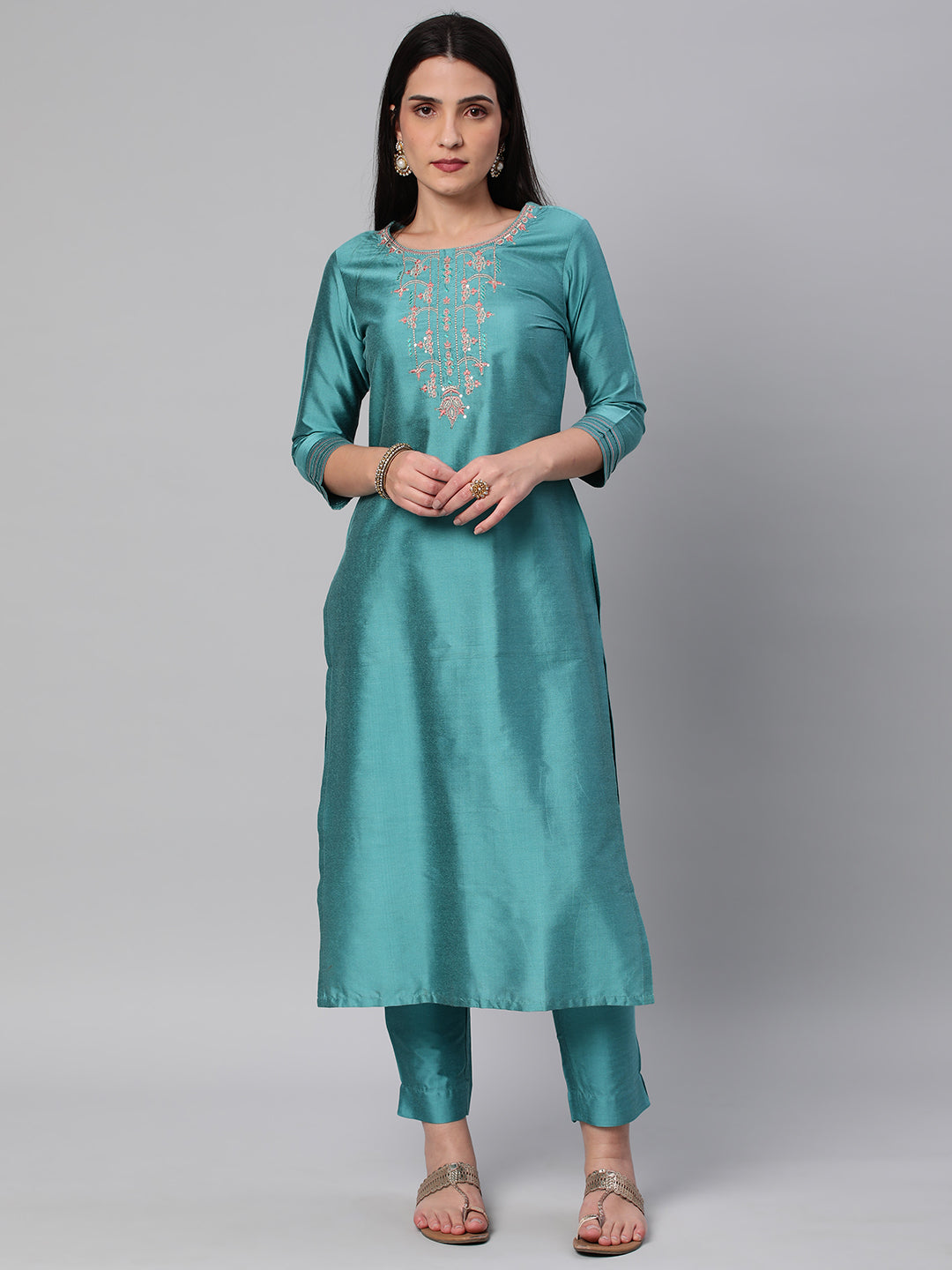 Party Edit- Straight fit silk blend kurta with embroidery on neck and sleeves