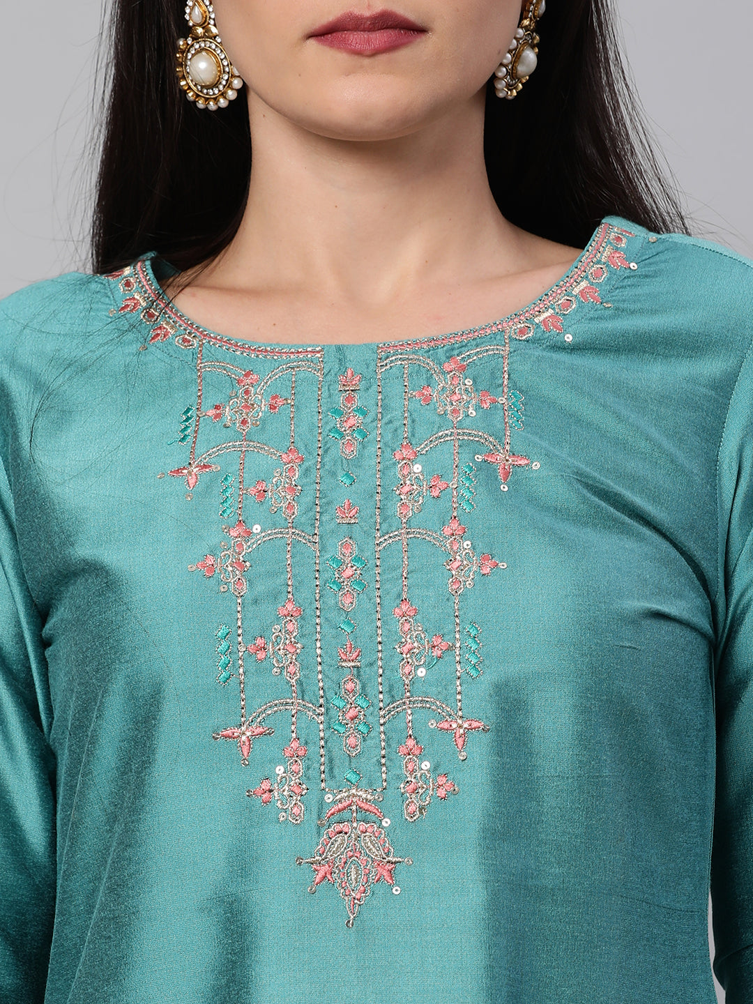 Party Edit- Straight fit silk blend kurta with embroidery on neck and sleeves