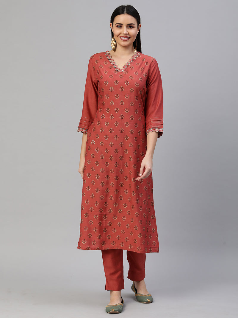 VAMA - Silk blend straight fit embroidered V neck kurta with pleat details on sleeves .