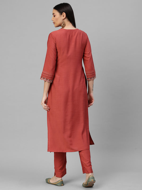 VAMA - Silk blend straight fit embroidered V neck kurta with pleat details on sleeves .