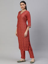 VAMA - Silk blend straight fit embroidered V neck kurta with pleat details on sleeves .