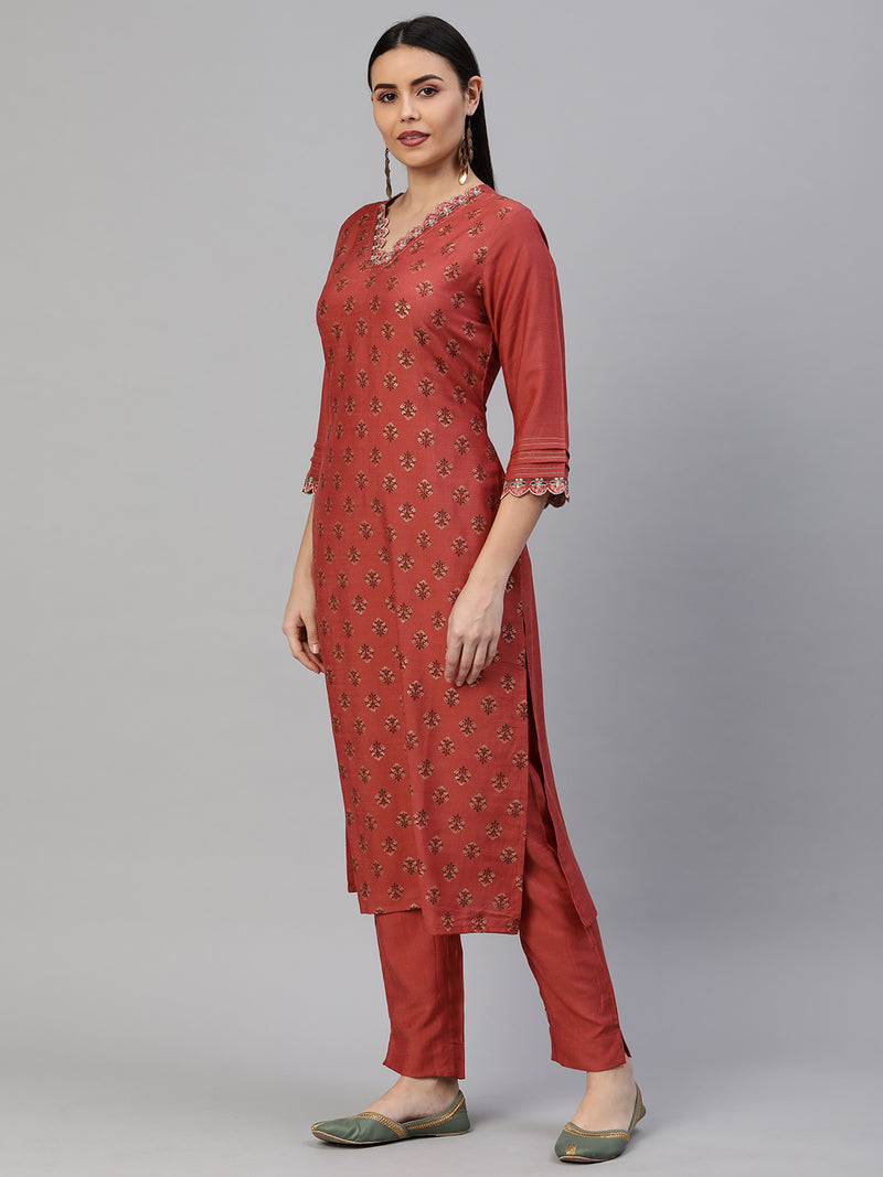 VAMA - Silk blend straight fit embroidered V neck kurta with pleat details on sleeves .