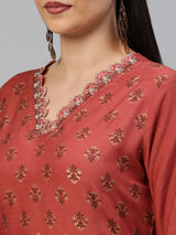 VAMA - Silk blend straight fit embroidered V neck kurta with pleat details on sleeves .