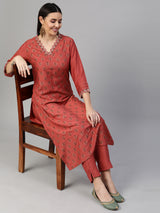 VAMA - Silk blend straight fit embroidered V neck kurta with pleat details on sleeves .