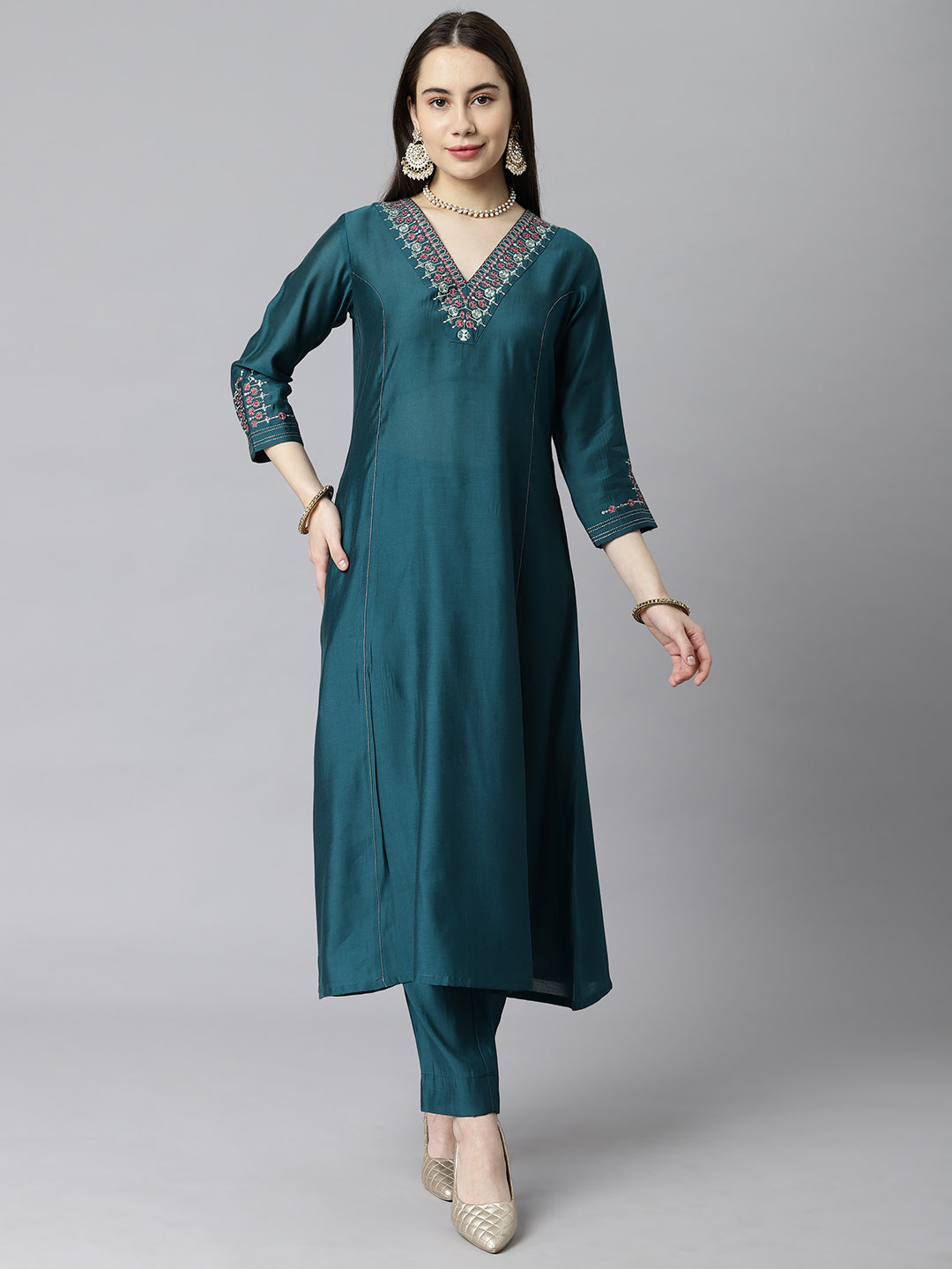 Party Edit- A line silk blend kurta V neck with embroidery on neck and sleeves