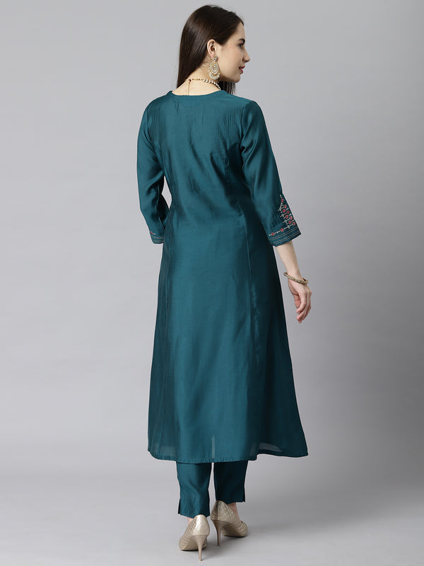 Inaara - A line silk blend kurta V neck with embroidery on neck and sleeves