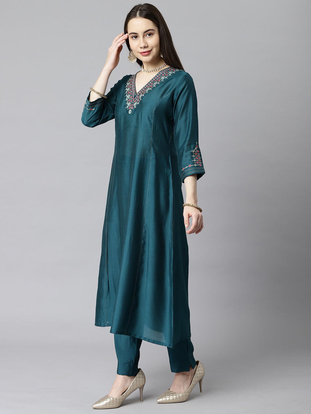 Party Edit- A line silk blend kurta V neck with embroidery on neck and sleeves