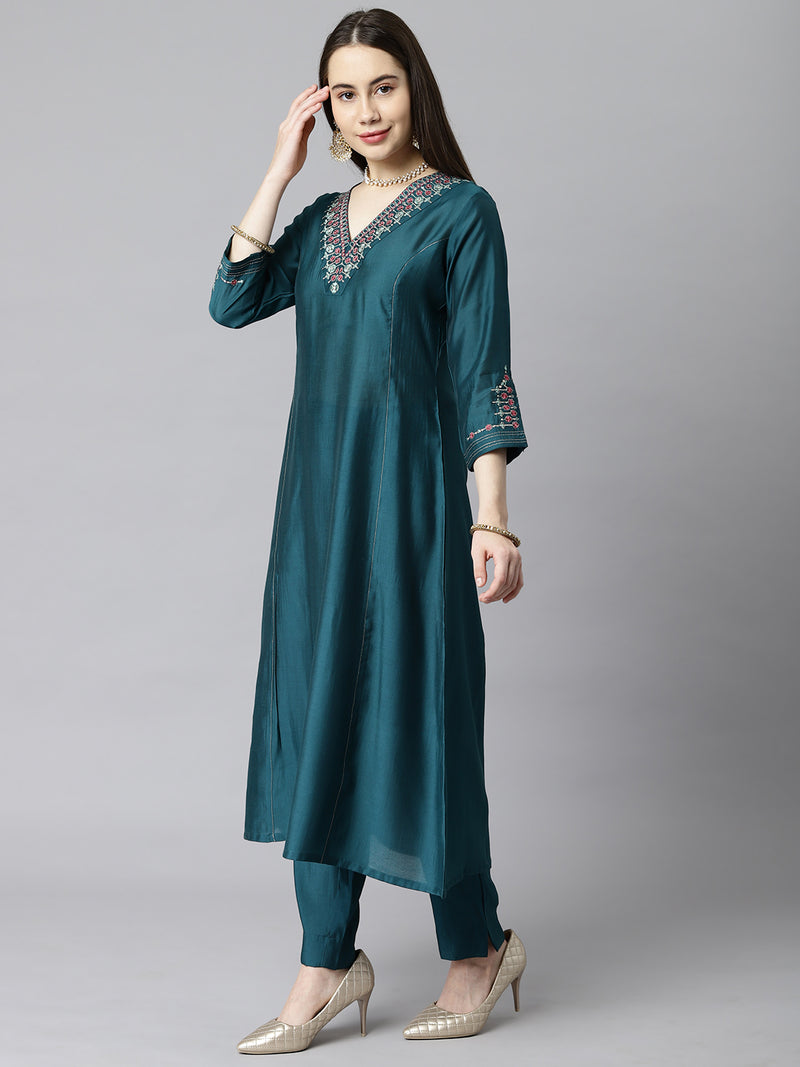 Inaara - A line silk blend kurta V neck with embroidery on neck and sleeves