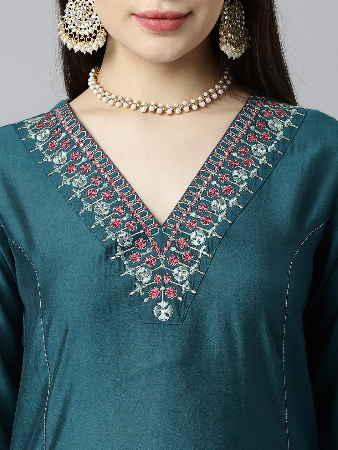 Party Edit- A line silk blend kurta V neck with embroidery on neck and sleeves