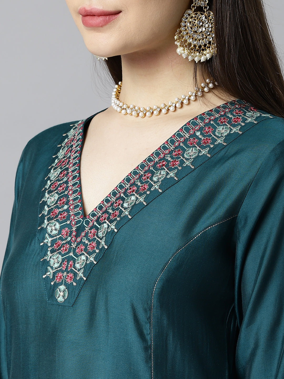 Party Edit- A line silk blend kurta V neck with embroidery on neck and sleeves