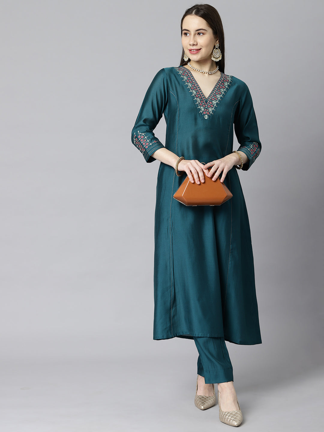 Party Edit- A line silk blend kurta V neck with embroidery on neck and sleeves