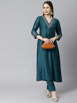 Inaara - A line silk blend kurta V neck with embroidery on neck and sleeves