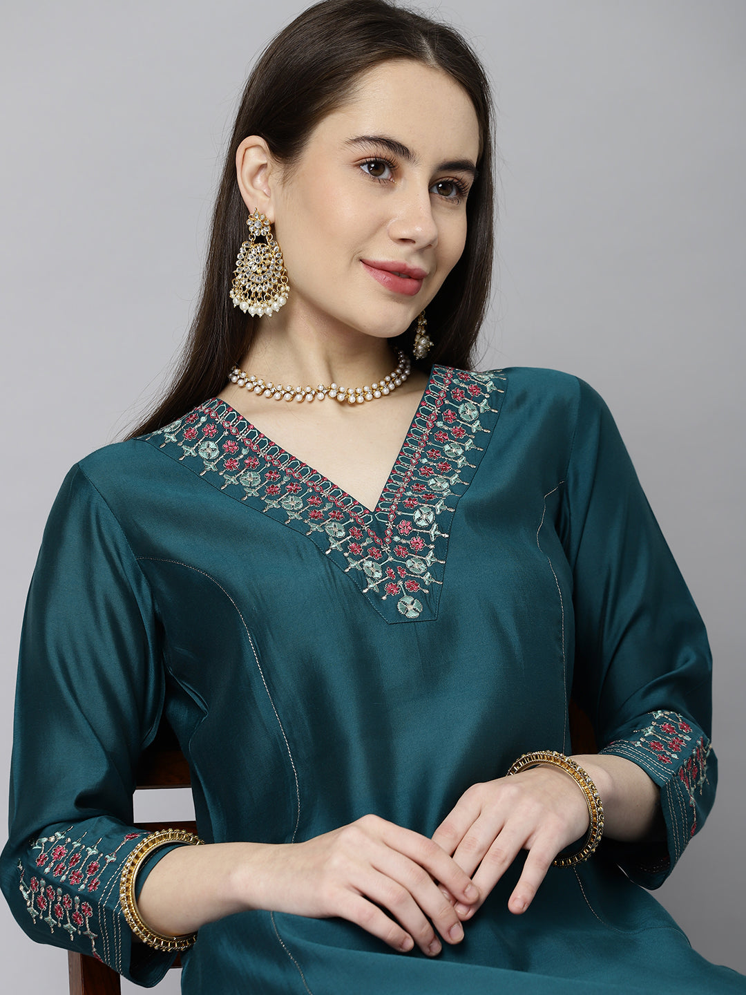 Party Edit- A line silk blend kurta V neck with embroidery on neck and sleeves