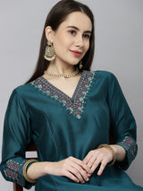 Inaara - A line silk blend kurta V neck with embroidery on neck and sleeves