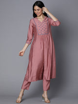 VAMA - Silk blend A line kurta with embroidered yoke and gathering detailing