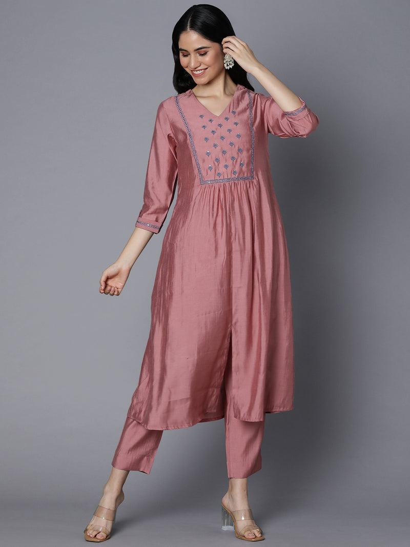 VAMA - Silk blend A line kurta with embroidered yoke and gathering detailing