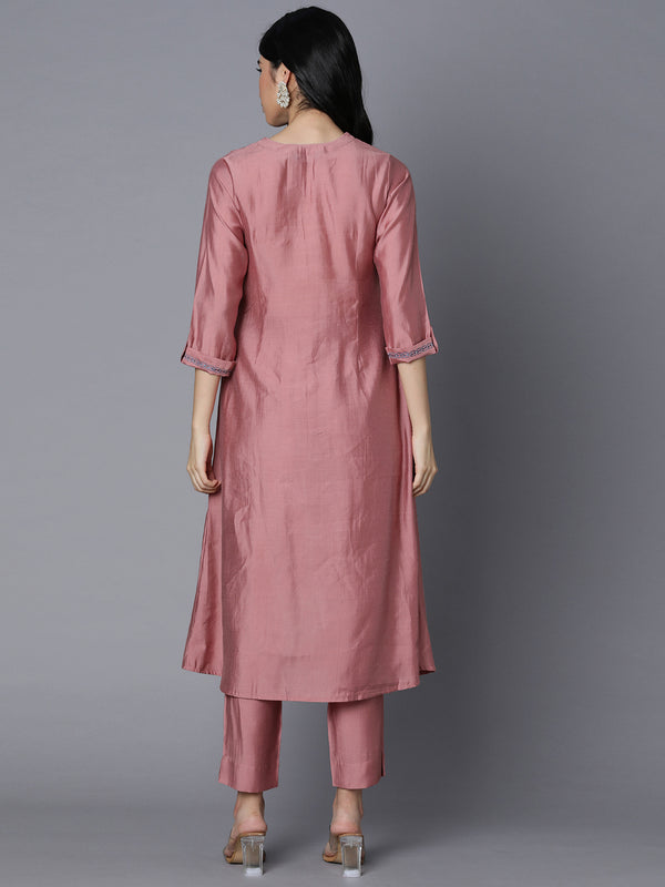 VAMA - Silk blend A line kurta with embroidered yoke and gathering detailing