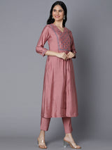 VAMA - Silk blend A line kurta with embroidered yoke and gathering detailing