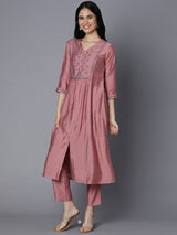 VAMA - Silk blend A line kurta with embroidered yoke and gathering detailing