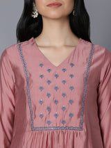 VAMA - Silk blend A line kurta with embroidered yoke and gathering detailing