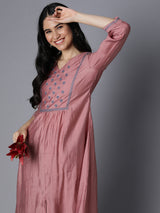 VAMA - Silk blend A line kurta with embroidered yoke and gathering detailing