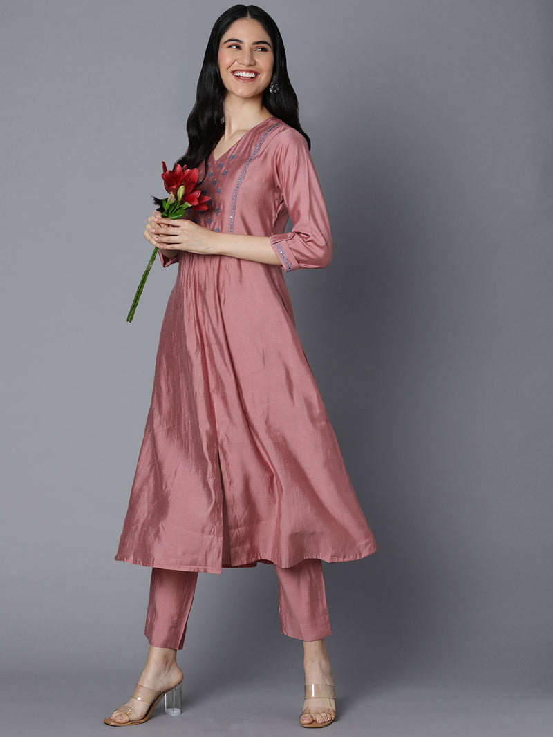 VAMA - Silk blend A line kurta with embroidered yoke and gathering detailing