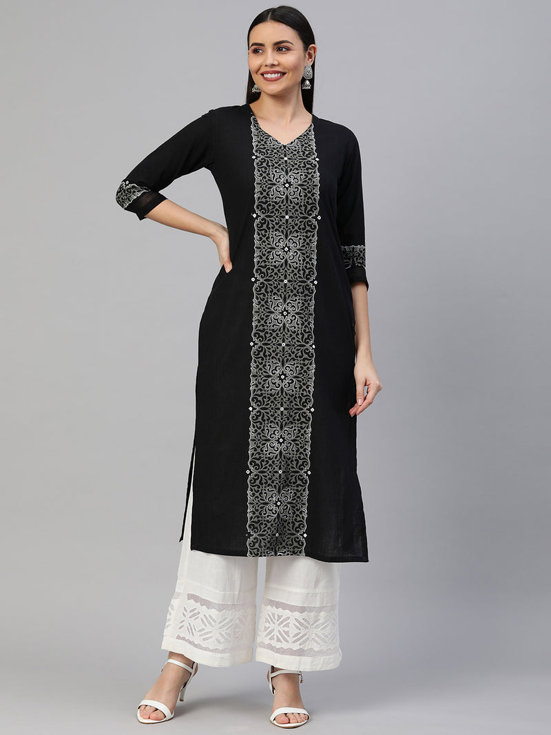 Straight fit V neck kurta with block print and embroidery details.